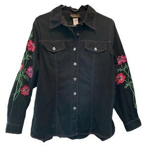 Bob Mackie Black Floral Embroidered 90s Western Shirt Shacket Small